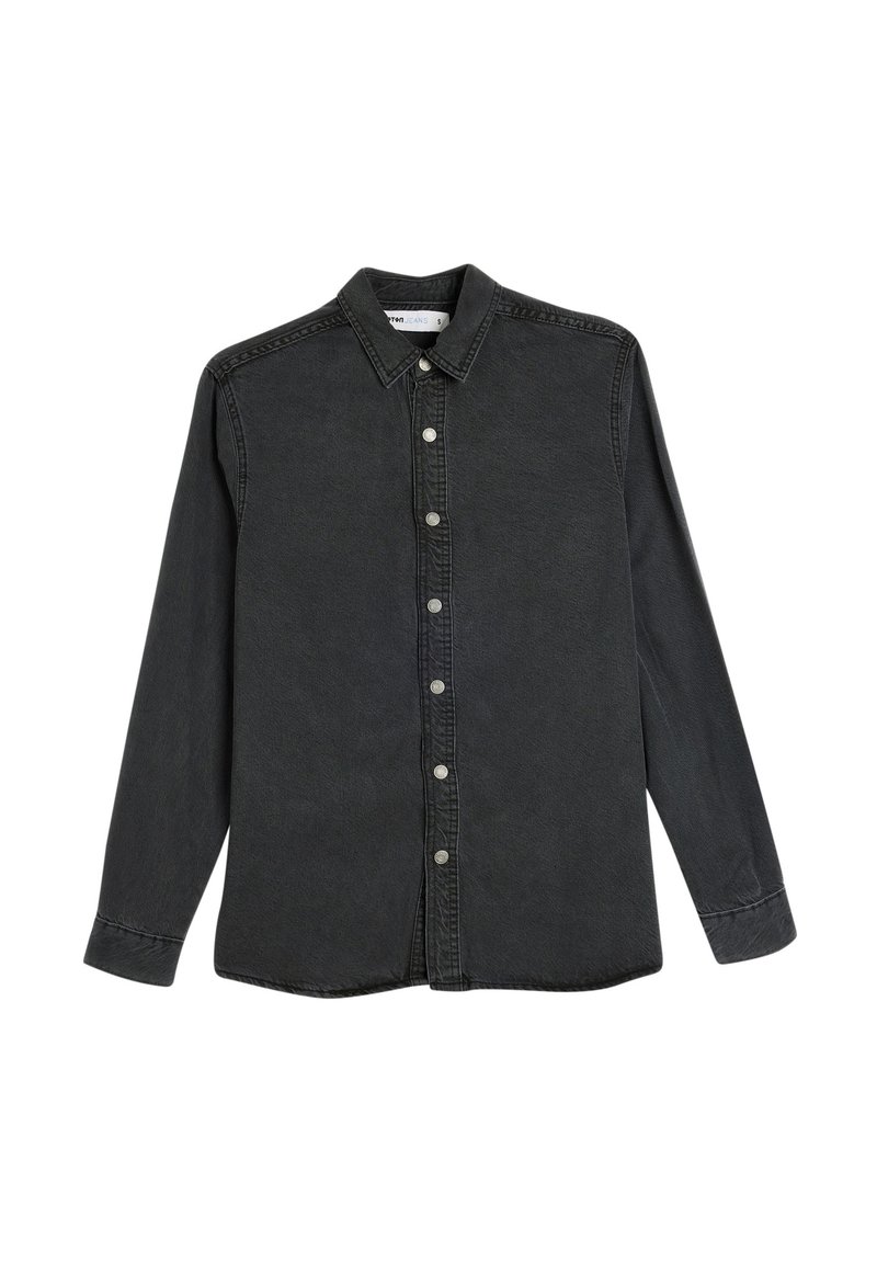 Sort denim skjorte med knaplukning, klassisk krave, lange ærmer, sølvknapper og en let struktureret overflade.