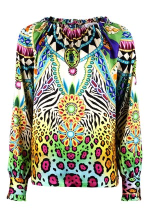 Multicolored blouse featuring a ruffled neckline, long sleeves, floral and animal print patterns, and textured fabric.