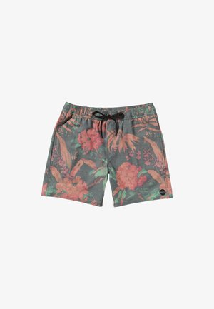 Blommiga badshorts i grått tyg med ett färgglatt mönster av rosa blommor och gröna blad. Har ett elastiskt midjeband med svart dragsko.