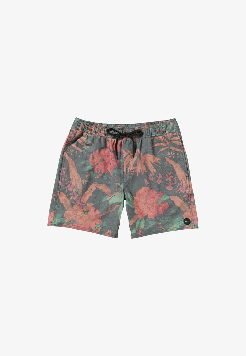 Costumi da bagno floreali in tessuto grigio con un motivo colorato di fiori rosa e foglie verdi. Presentano una vita elastica con un cordoncino nero.