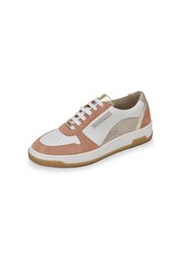 Sneaker da uomo in suede pesca e bianco, con un accento dorato testurizzato. Punta arrotondata, design con lacci e suola in gomma per una migliore aderenza.