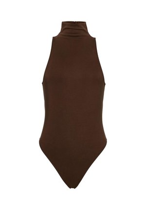 Body fără mâneci, maro închis, cu gât înalt și siluetă mulată, afișat pe un fundal alb simplu.