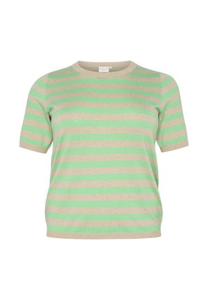 Gestreiftes Strick-T-Shirt in Hellgrün und Beige. Rundhalsausschnitt, kurze Ärmel, weiche Textur, taillierte Form, aus leichtem Stoff gefertigt.