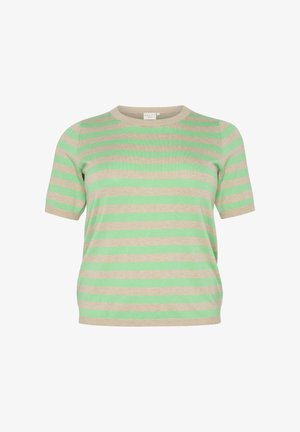 Gestreiftes Strick-T-Shirt in Hellgrün und Beige. Rundhalsausschnitt, kurze Ärmel, weiche Textur, taillierte Form, aus leichtem Stoff gefertigt.