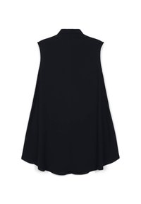 Gilet nero senza maniche con collare, caratterizzato da un design morbido e fluido e da una texture liscia, con un orlo arrotondato che scende sul retro.