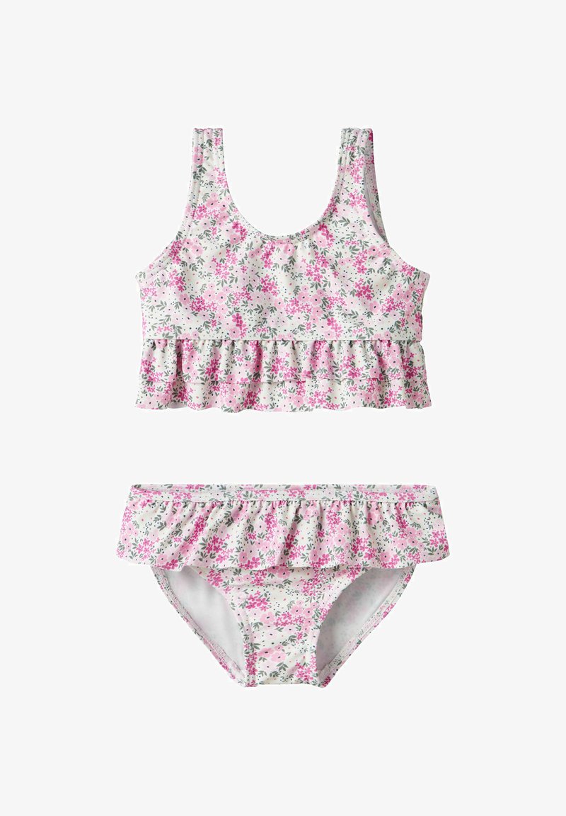 Maillot de bain deux-pièces pour filles avec motif floral rose et vert, comprenant un haut à volants et un bas de bikini assorti à volants.