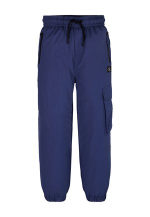 Pantalons cargo navy en tissu léger avec une taille élastique, un cordon de serrage ajustable, des poches latérales zippées et une poche cargo.