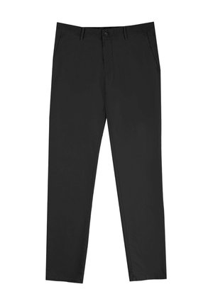 Chino neri realizzati in un tessuto liscio, caratterizzati da un design a gamba dritta, tasche frontali, chiusura con bottone e dettagli di cucitura semplici.