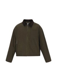 Olijfgroene jacket met een rits aan de voorkant, een bruin suède kraag, twee zijzakken en een enkele borstzak. Heeft een boxy pasvorm en lange mouwen.