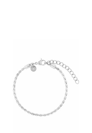 Bracelet chaîne torsadée en argent avec fermoir mousqueton et maillons réglables, petit pendentif rond près du fermoir.