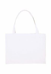 Borsa in cotone, forma rettangolare, colore bianco, non stampata, con manici resistenti, texture liscia, adatta per trasportare vari oggetti.