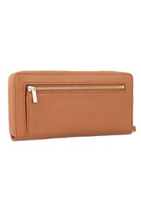 Tan leather wallet with a pebbled texture, featuring a gold-tone zipper across the front and a sleek rectangular shape.