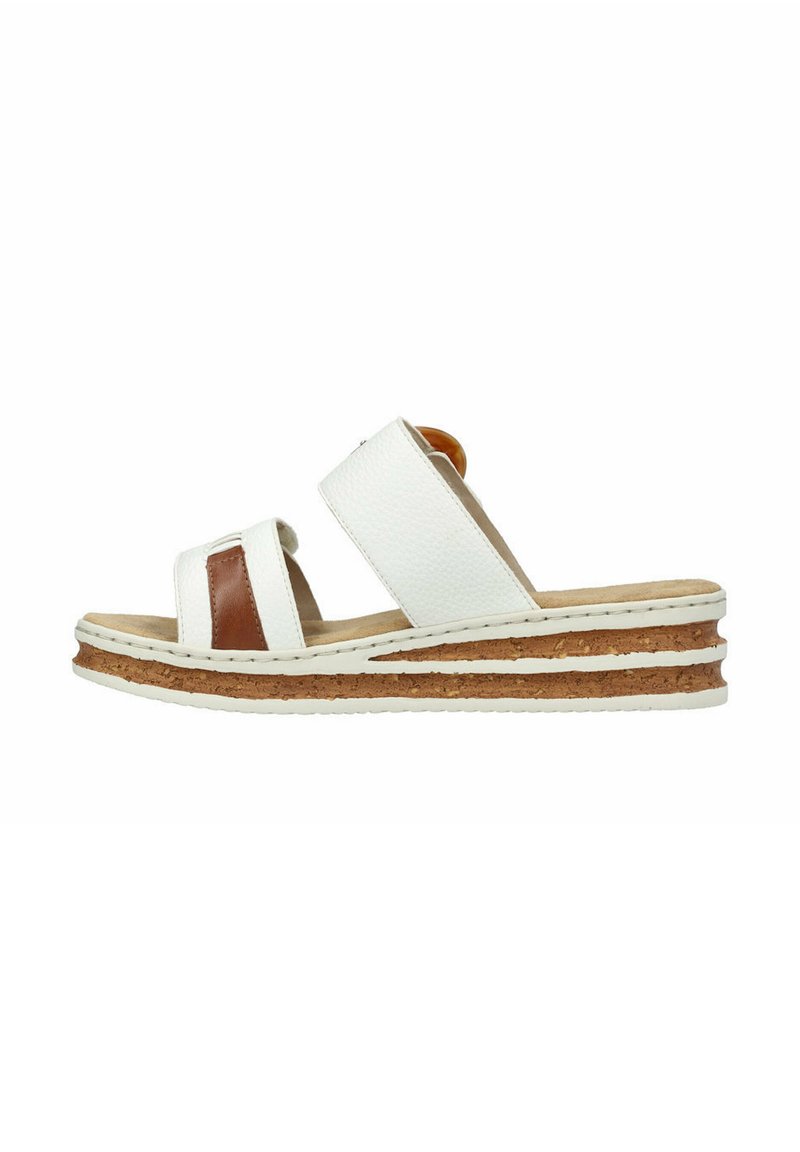 Sandales compensées en cuir blanc avec deux larges brides, un accent marron et une plateforme en liège arborant des coutures blanches et une semelle texturée.