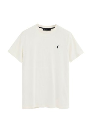 Weißes T-Shirt mit kurzen Ärmeln und Rundhalsausschnitt, mit kleinem schwarzem Polo-Spieler-Logo auf der linken Brust und "Polo Club"-Etikett im Kragen.