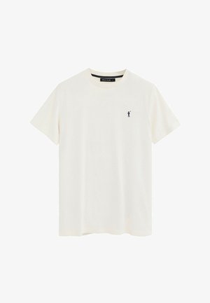 Weißes T-Shirt mit kurzen Ärmeln und Rundhalsausschnitt, mit kleinem schwarzem Polo-Spieler-Logo auf der linken Brust und "Polo Club"-Etikett im Kragen.