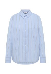 Lyseblå stribet skjorte med klassisk krave, knaplukning og lange ærmer. Har smalle hvide og mørkeblå striber. Glat stoftekstur.