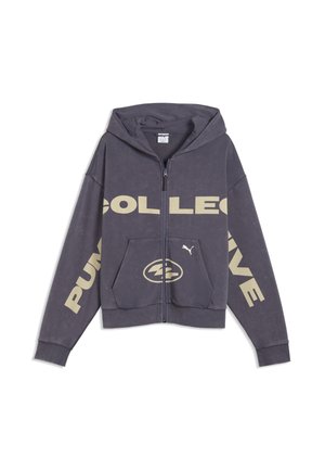 Mørkegrå hættetrøje med fuld lynlås, hætte, frontlommer, stor beige tekst henover bryst og ærmer samt lille Puma-logo på frontlommen.