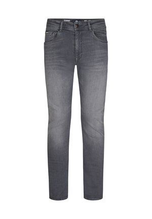 Grijze denim jeans met een slim fit, voorzien van vijf zakken, een knoopsluiting en subtiele vervagingen op de pijpen. Standaard riemlussen inbegrepen.