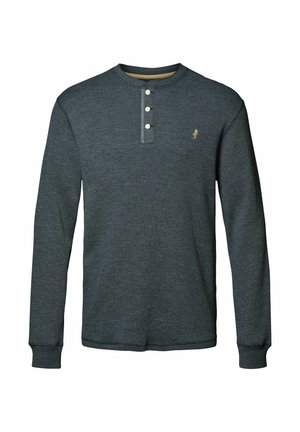 Langärmliges Henley-Shirt in Dunkelblau, aus strukturiertem Stoff, mit einer Knopfleiste mit drei Knöpfen und kleinem gesticktem Logo auf der Brust.