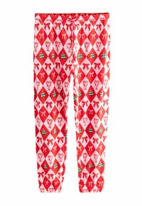 Pantalons de pyjama rouges et blancs avec un motif en losanges, ornés de décorations vertes et de nœuds rouges, taille élastique et poignets froncés.