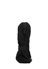 Schwarzer wasserdichter Handschuh mit glatter Textur, elastischem Bündchen und verstellbarem Riemen. Abgerundeter Daumenbereich für Wärmeisolierung und Komfort.