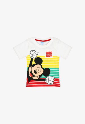 Hvid bomulds T-shirt med et farverigt stribet design i gul, grøn og rød. Inkluderer et grafik af en tegneseriefigur med hævede arme.