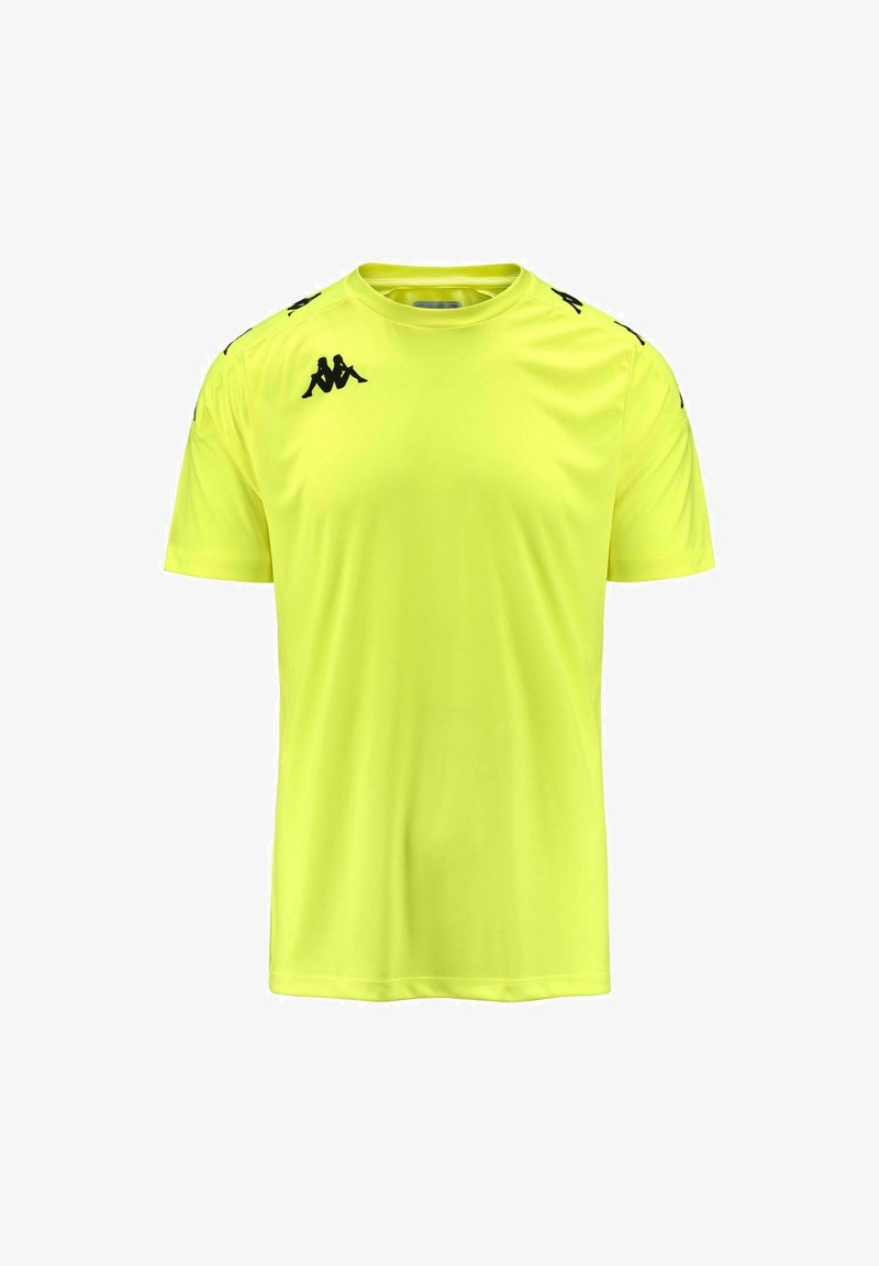 T-shirt à manches courtes Kappa en jaune vif, fabriqué en tissu lisse. Présente un logo noir sur les épaules et le col, avec une coupe classique.