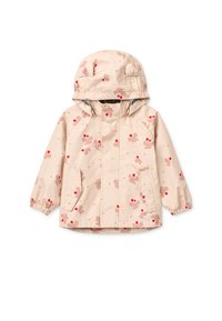 Ελαφρύ μπεζ μπουφάν με κουκούλα, διακοσμημένο με πολύχρωμα λουλουδένια σχέδια, ελαστικά τελειώματα στα μανίκια και δύο τσέπες στο εμπρός μέρος. Το υλικό φαίνεται αδιάβροχο και λείο.