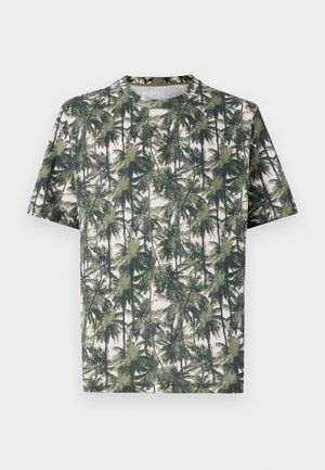 Short-sleeve T-shirt in soft fabric with a palm tree print. Dominant colors include green and beige with a relaxed fit and crew neck.