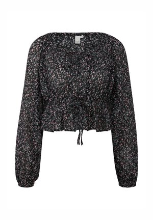 Czarna przezroczysta bluzka z długim rękawem, w różowo-niebieski wzór kwiatowy, z marszczonym w pasie zawiązywanym paskiem i elastycznymi mankietami.
