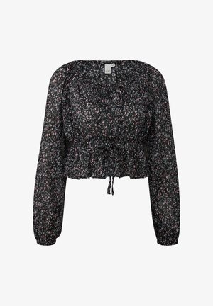 Czarna przezroczysta bluzka z długim rękawem, w różowo-niebieski wzór kwiatowy, z marszczonym w pasie zawiązywanym paskiem i elastycznymi mankietami.