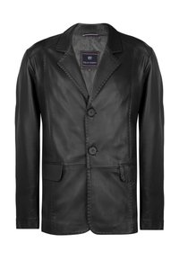 Schwarze Lederblazer mit Reverskragen, zwei Knöpfen und zwei Fronttaschen. Glatte Textur mit subtilen Nähtsdetails.