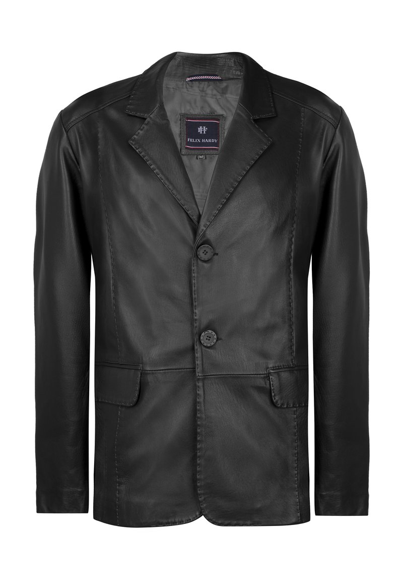 Schwarze Lederblazer mit Reverskragen, zwei Knöpfen und zwei Fronttaschen. Glatte Textur mit subtilen Nähtsdetails.