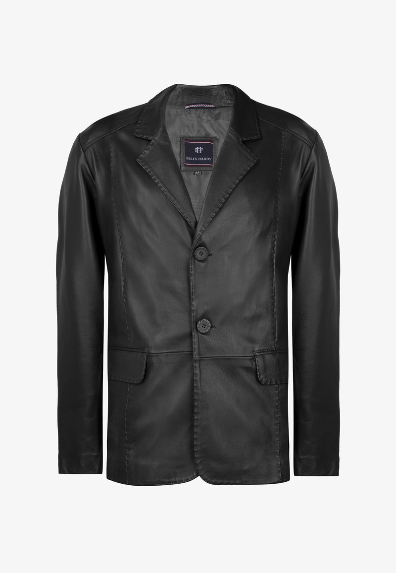 Must must-blazer, mille nokaga ja kahe nupuga, kahe esiosa taskuga. Sile tekstuur kergete õmblusdetailidega.