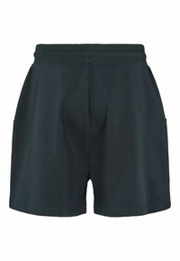 Shorts en coton noirs avec une taille élastique, dotés de poches latérales et d'une coupe ample. Texture lisse, conçus pour le confort.