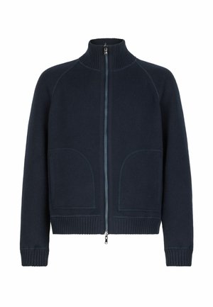 Ciemnogranatowy sweter na zamek z wysokim prążkowanym kołnierzem, prążkowanymi mankietami i krawędzią oraz dwoma przednimi kieszeniami z przeszyciami.