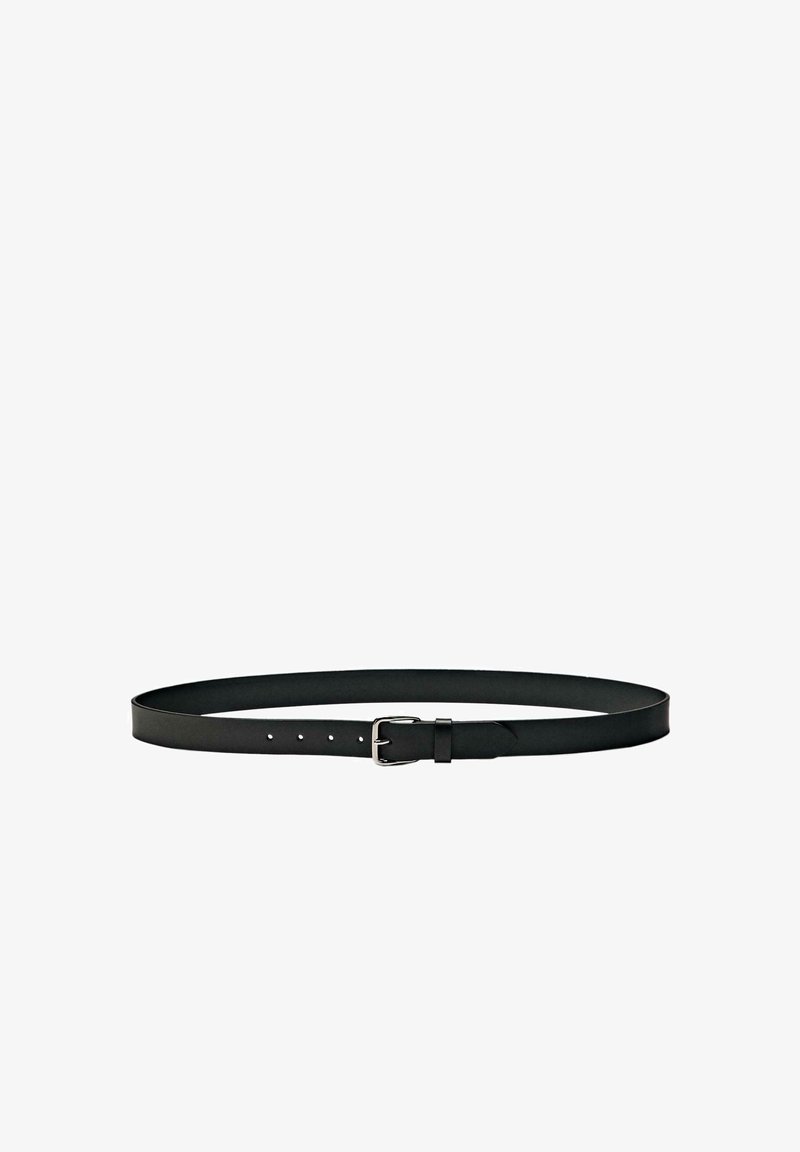 Black leather belt with silver metal buckle and five adjustment holes laid flat on white background.