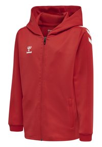 Rode rits hoodie met een capuchon, zijzakken, geribde manchetten, wit hummel-logo op de borst en witte chevronstrepen op de schouders.