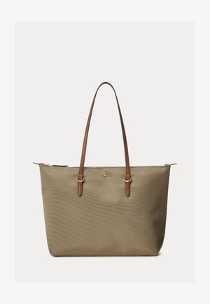 Olive green tote bag with brown leather handles and gold zipper, featuring a small gold RL logo on the front.