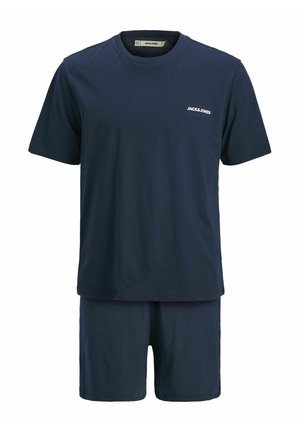 T-shirt in cotone blu navy con maniche corte e collo rotondo, abbinato a pantaloni corti coordinati. Presenta un piccolo logo bianco sul petto.