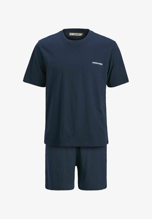 T-shirt in cotone blu navy con maniche corte e collo rotondo, abbinato a pantaloni corti coordinati. Presenta un piccolo logo bianco sul petto.