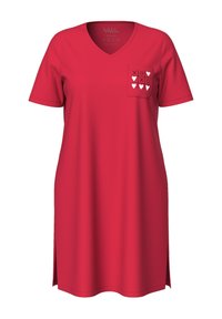 Robe t-shirt rouge à manches courtes, col en V, fentes latérales et poches poitrine avec un design de morpion comprenant des cœurs et des X.