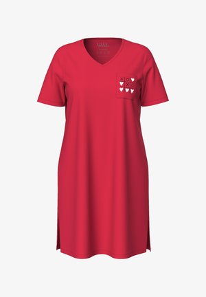 Rode t-shirt jurk met korte mouwen, V-hals, zijsplitten en een borstzak met een tic-tac-toe ontwerp van harten en X'en.
