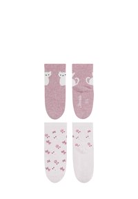Set of two pairs of ankle socks; one pink with white cat graphics, the other white with pink floral patterns. Soft knit texture, comfortable fit.