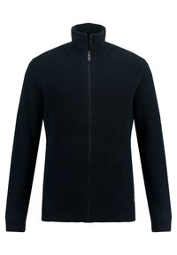 Marineblå zip-up-tröja med ribbad textur, hög krage, långa ärmar och rak nederkant. Har en metallisk dragkedja.