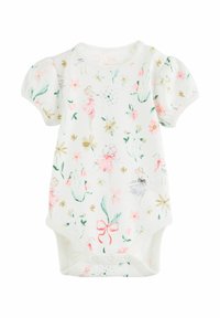 Hvid kortærmet bodystocking med pastelfarvede blomster- og musemønstre, der har en rund halsudskæring og trykknaplukning i bunden.