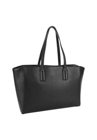 Schwarze, strukturierte Leder-Tote mit zwei langen Griffen, rechteckiger Form und stabilen Seiten, vor einem weißen Hintergrund dargestellt.