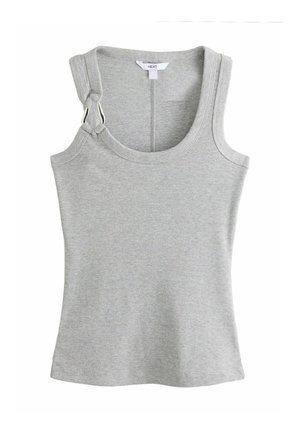 Hellgraues, geripptes Tanktop mit Ringdetail an einem Schulterträger und rundem Ausschnitt.