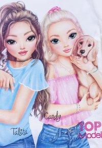 Illustration of two girls, one in a blue top, the other in a pink off-shoulder shirt, holding a brown puppy, featuring long hair and various accessories.