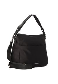 Schwarze Nylon-Schultertasche mit Reißverschluss, verstellbarem Tragegurt, silberfarbenen Beschlägen, Vordertasche und Logodetail in Weiß.
